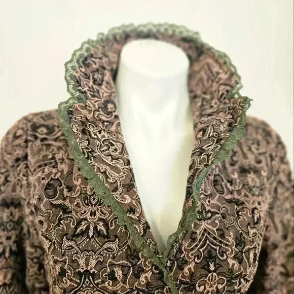 Papillon Los Angeles Tapestry Embroidered Ruffled Lace Green Brown Jacket Size M - Picture 3 of 13